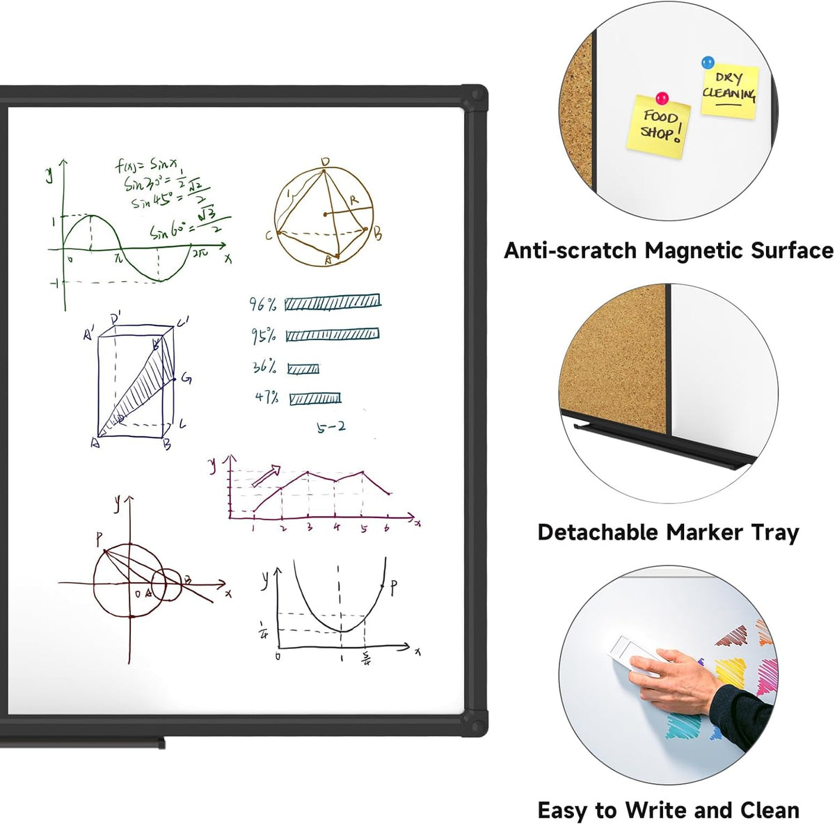 XBoard Magnetic whiteboard 48x 36 - Combo Whiteboard Dry Erase Board/Cork Board, Magnetic White Board + Corkboard with Black Aluminum Frame, 10 Colorful Push Pins & Marker Tray Included