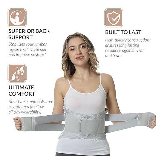 NeoTech Care Adjustable Double Pull Lumbar Brace/Lower Back Belt (Grey, Size M)