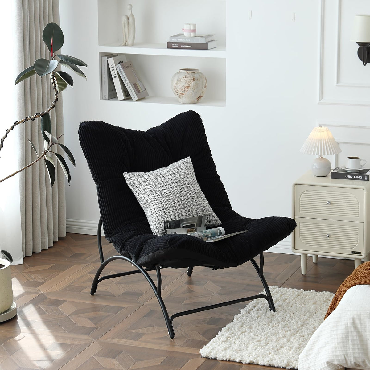 Welnow Accent Lounge Lazy Chair, Comfy Soft Leisure Metal Frame Reading Chair, Upholstered Thick Cushion Seated Recliner Sofa for Living Room, Bedroom, Dorm, Black