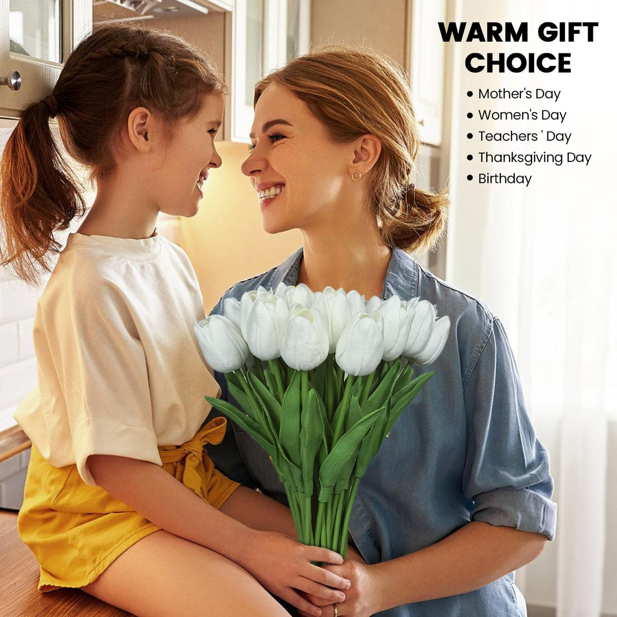 Subacy 30 PCS Artificial Tulips 13.5inch Long Fake Flowers Real Touch Tulips Silk Flowers for Spring Easter Mother's Day Decorations (White)