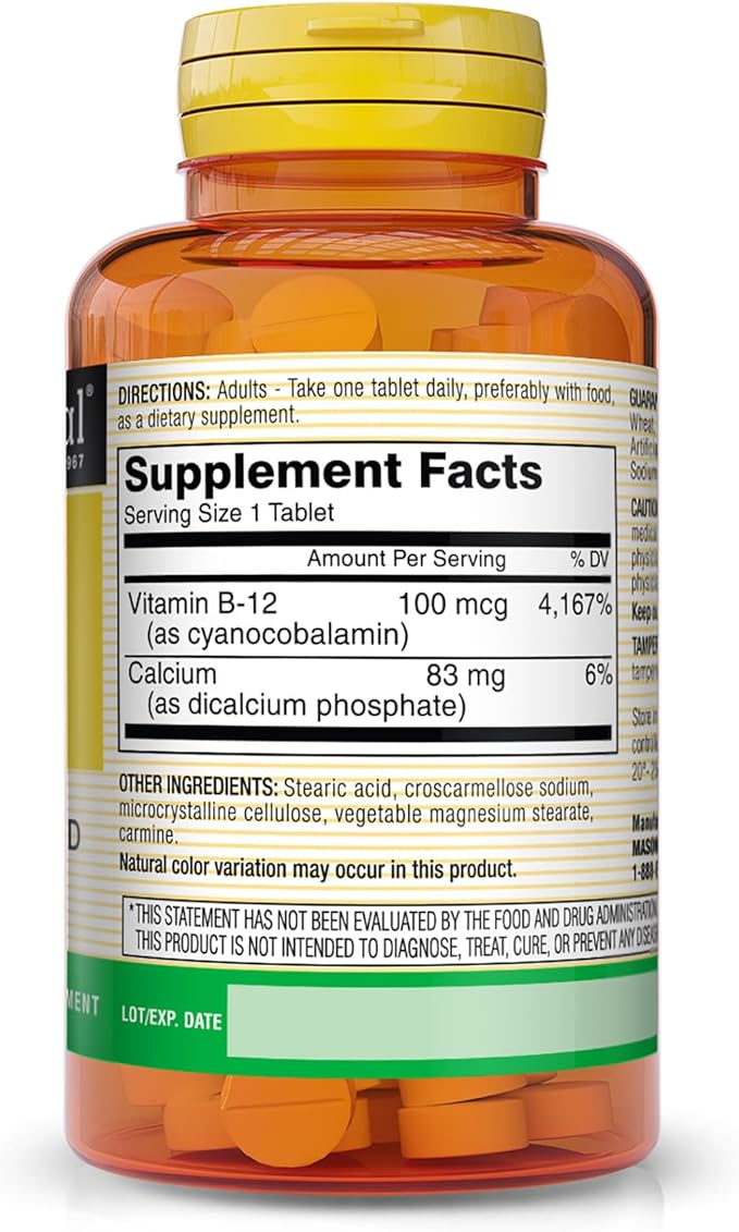 MASON NATURAL Vitamin B12 100 mcg with Calcium - Healthy Conversion of Food into Energy, Supports Nerve Function and Health, 100 Tablets