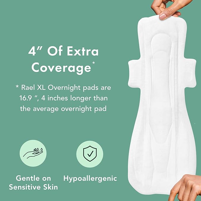 Rael Pads for Women, Organic Cotton Cover - Ultimate Absorbency, Feminine Care, Ultra Thin, Sanitary Napkins with Wings, Unscented (Extra Long Overnight, 24 Count)