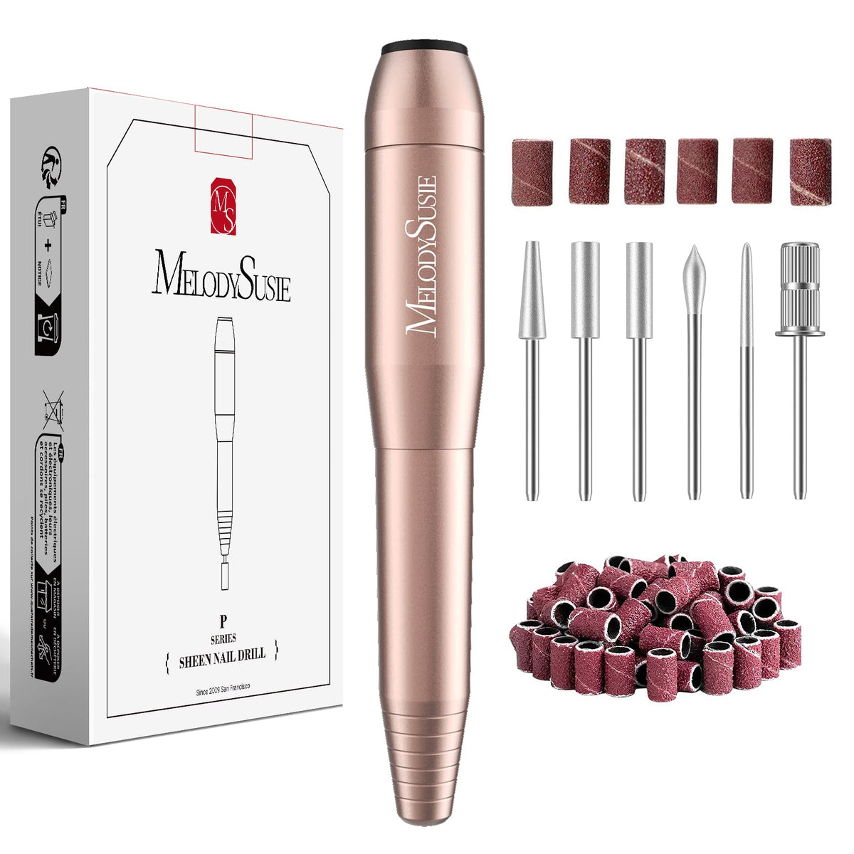 MelodySusie Electric Nail Drill Machine,PC120I Portable Electric Nail File Efile Set for Acrylic Gel Nails, Manicure Pedicure Tool with Nail Drill Bits Sanding Bands Gold