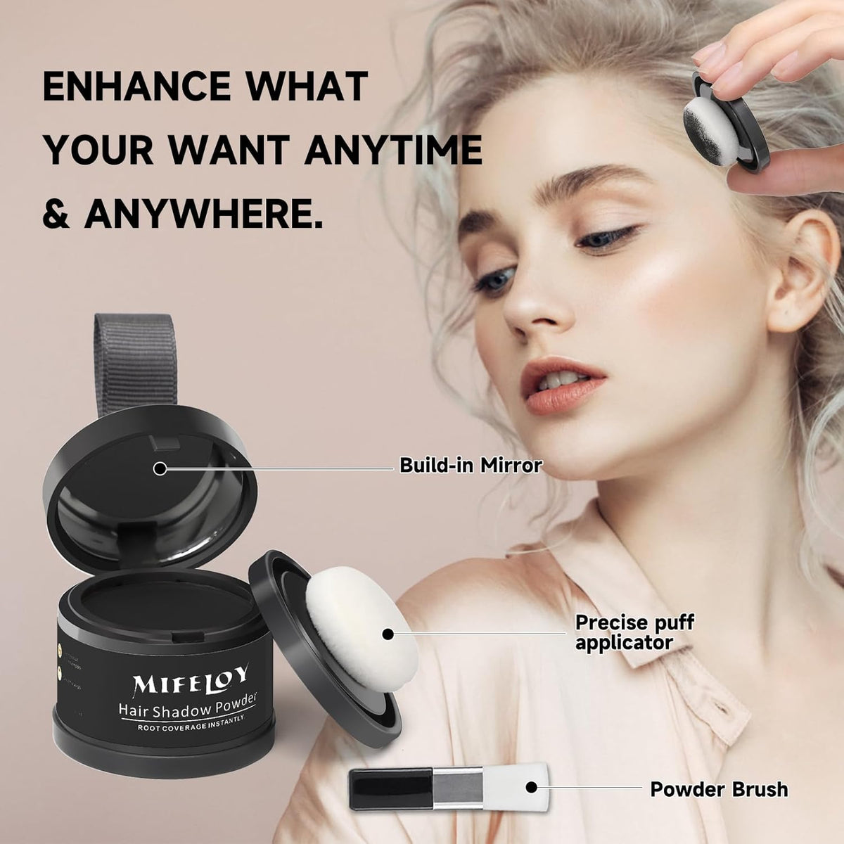 Root Touch Up Powder, Instantly Gray Hair Cover Up, Women Color Root Coverage Shadow Powder for Thinning Grey Hairline, Men Roots Concealer for Hair Loss Beard Line Eyebrow, Black
