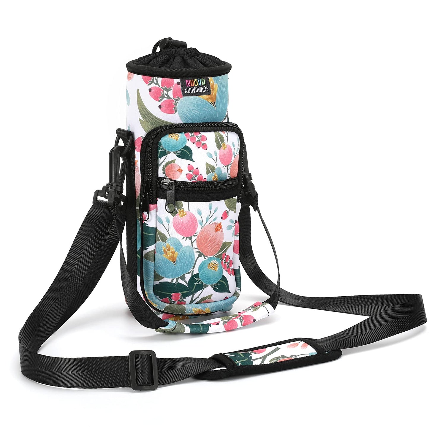 Nuovoware Water Bottle Carrier Bag, 25oz/32oz Bottle Pouch Holder, Adjustable Shoulder Hand Strap 2 Pocket Sling Neoprene Sleeve Sports Water Bottle Accessories for Gym Hiking Travelling, Pink Rose