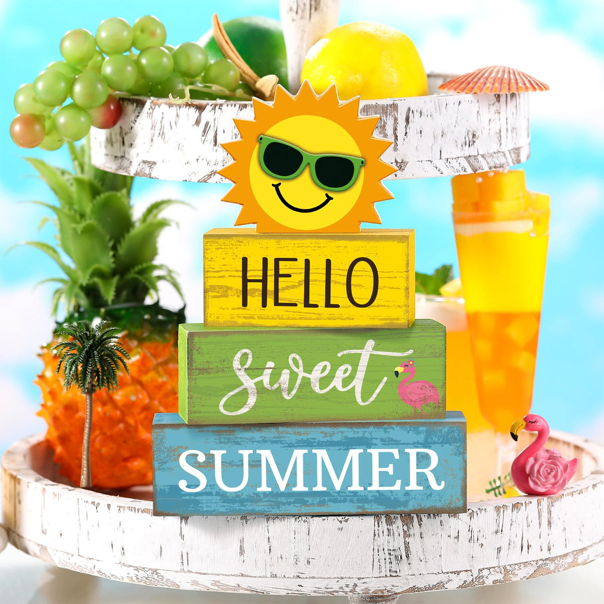 Yuntau 4 Pcs Summer Wooden Tabletop Decor Hello Sweet Summer Tiered Tray Decor Sunshine Centerpiece Rustic Summertime Decorative Block Signs Gift Farmhouse Table Decoration for Home Kitchen