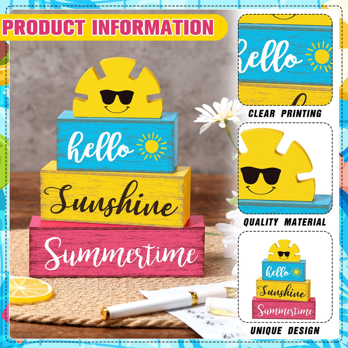 Yuntau Summer Table Decor Hello Sunshine Wooden Block Sign Farmhouse Summertime Beach Tiered Tray Decor Rustic Table Centerpieces Summer Decorations for Home Desk Shelf Mantle Office Decorations