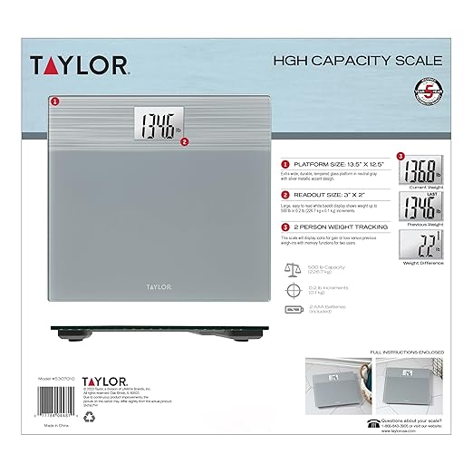Taylor Digital Wide Platform Bathroom Scale, Scale for Body Weight, Highly Accurate Weighing Machine, Battery Powered, FSA HSA Eligible, Highly Accurate, Measures Weight up to 500 lb Capacity, Gray