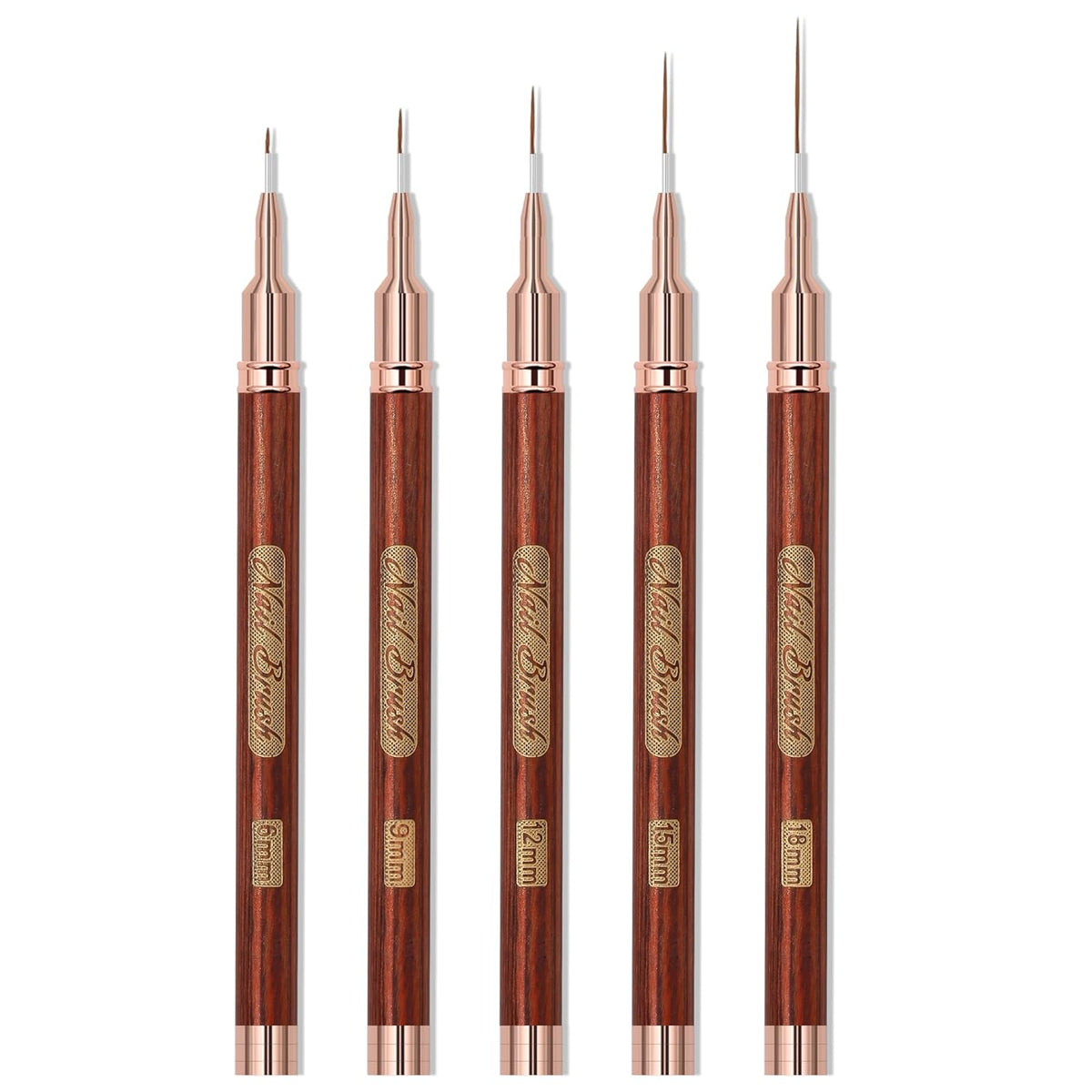 Wooden Nail Art Brushes, 5Pcs Nail Art Liner Brushes, Painting Art Design Brush Set Nail Dotting Drawing Tool for Long Lines, Thin Details, Fine Drawing Sizes 6/9/12/15/18mm, Rose gold