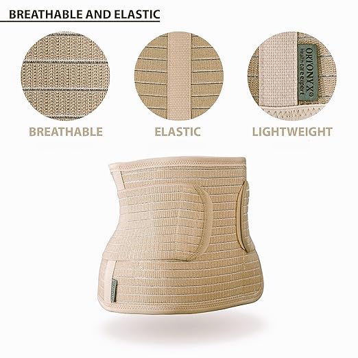 ORTONYX Ergonomic Abdominal Binder Waist and Lower Back Support Belt, Back Brace for Women & Men - Breathable, Elastic, With Extra Band - Beige S/M