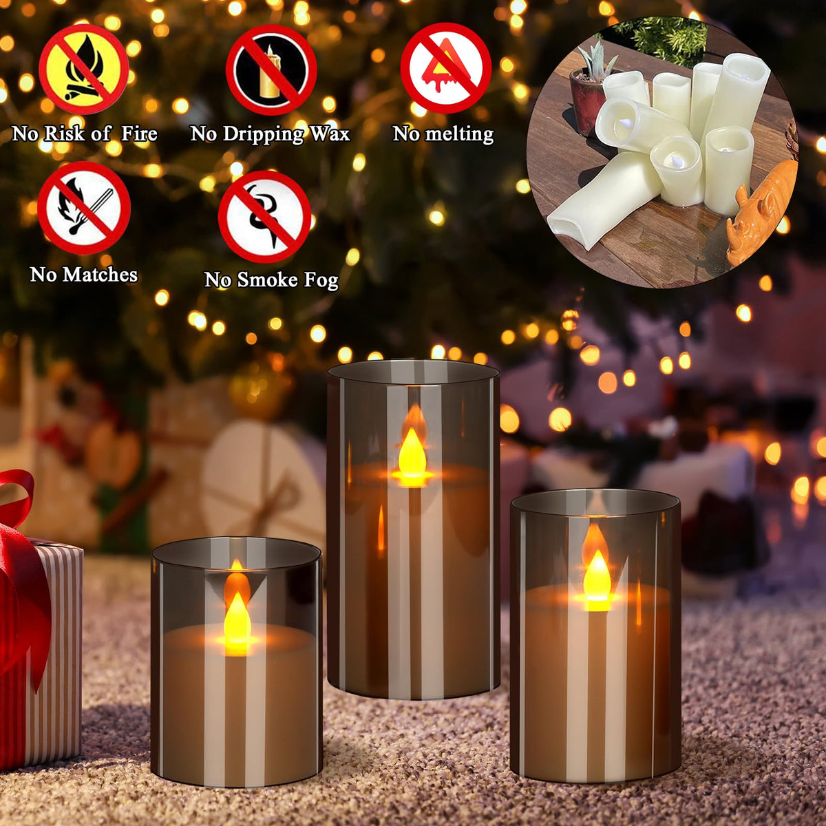 wemarry Flameless LED Candles with Remote Set of 3 Battery-Operated Acrylic Gray Pillars, 4", 5", 6" x 3" Diameter Flickering Effect with Timer Ideal for Home Décor Weddings Parties, Restaurants