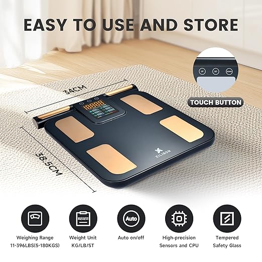 EILISON 8-Electrode Body Fat Scale with BIA Technology, Digital Bathroom Scale Full Body Composition Analyzer with 32 Metrics, Smart BMI Weight Scale with Bluetooth App, Touchscreen, 396lbs (Black)