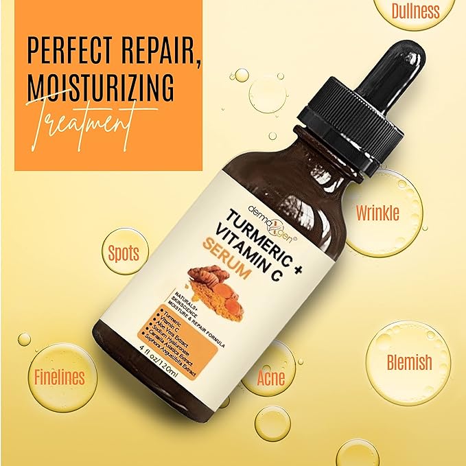 Turmeric Serum for Face + Glow-Boosting Vitamin C Serum –Organic Moisturizer for Acne, Dark Spots & Clear Skin– Boosts Hydration for Dry & Tired Skin – Anti-Aging Formula for Glowing Skin, 4 FL OZ