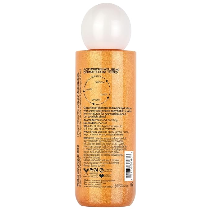 Pacifica Bronzing Body Oil – Crystal Bronze Shimmering Oil for Natural Sun-Kissed Glow, Hydrating Body Illuminator, Vanilla Coconut Scent, Vegan & Cruelty-Free, Clean Beauty, 4 fl oz