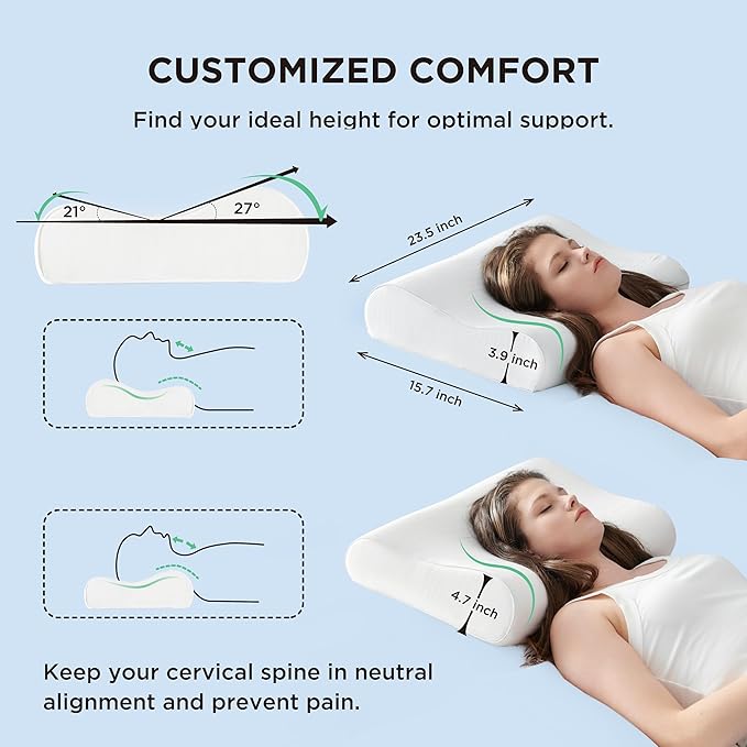 Bedsure Cervical Neck Support Pillow for Sleeping, Ergonomic Odorless Memory Foam Cervical Contour Pillow for Side, Back Sleepers, Stomach Sleeper