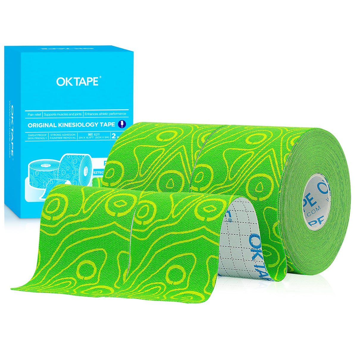 OK TAPE PRO Kinesiology Tape, 2inch x Long Roll 16ft Free Cut Tape, Elastic Athletic Tape Therapeutic Latex Free, 2 Rolls Yellow+Green