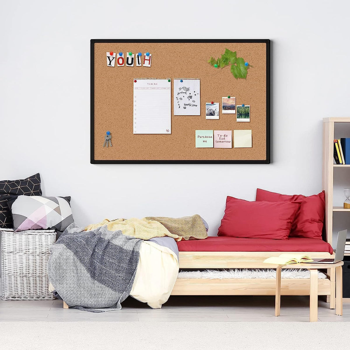 Board2by Cork Board Bulletin Board 24 x 18, Black Aluminium Framed Corkboard, Office Board for Wall Cork, Large Wall Mounted Notice Pin Board with 16 Push Pins for School, Home & Office