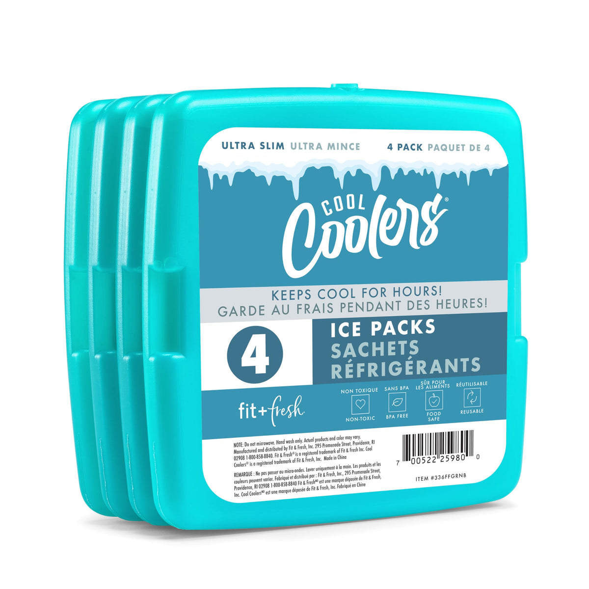 Cool Coolers by Fit & Fresh 4 Pack Slim Ice Packs, Quick Freeze Space Saving Reusable Ice Packs for Lunch Boxes or Coolers, Green