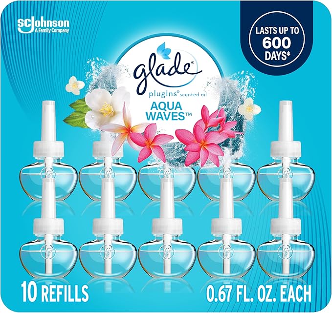 Glade PlugIns Scented Oil 10 Refills, Air Freshener, Aqua Waves, 10 x 0.67 oz, Packaging May Vary