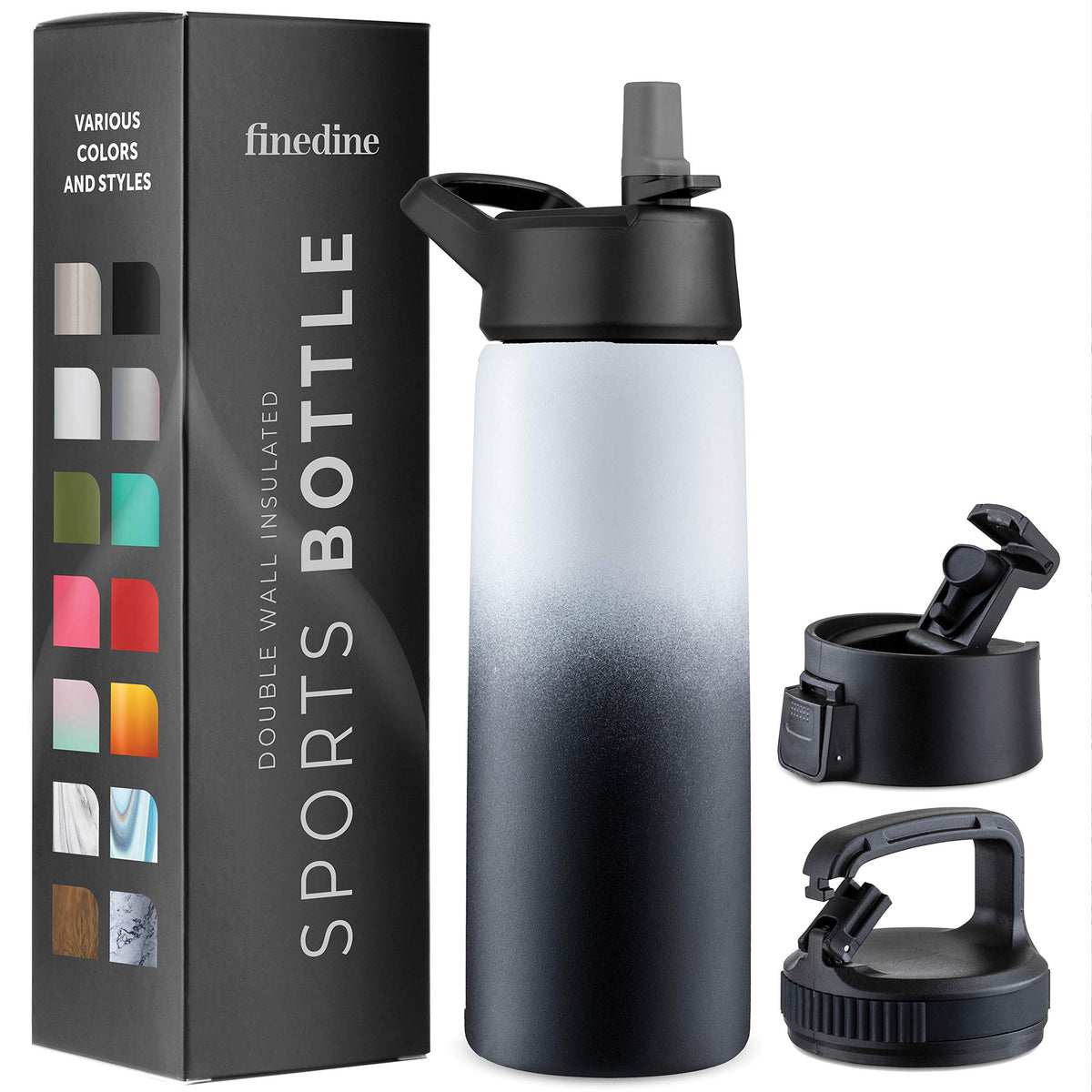 FineDine Triple Walled, Insulated Water Bottles with Straw - 25 Oz Stainless Steel Metal Bottle W/ 3 Leak Proof Lids - For Travel, School, Sports, Gym / Men, Women & Kids - Dreamy Black-White
