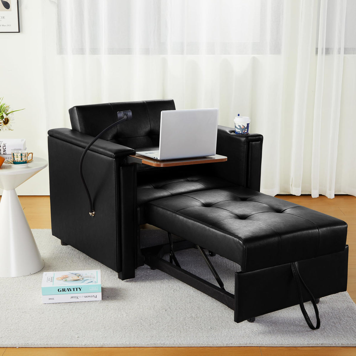 weselon Leather Convertible Chair Bed, 3 in 1 Multi-Functional Lounge Chair Sleeper, Pull Out Couch Guest Bed with Hidden Table and Adjustable Backrest for Living Room (Black)