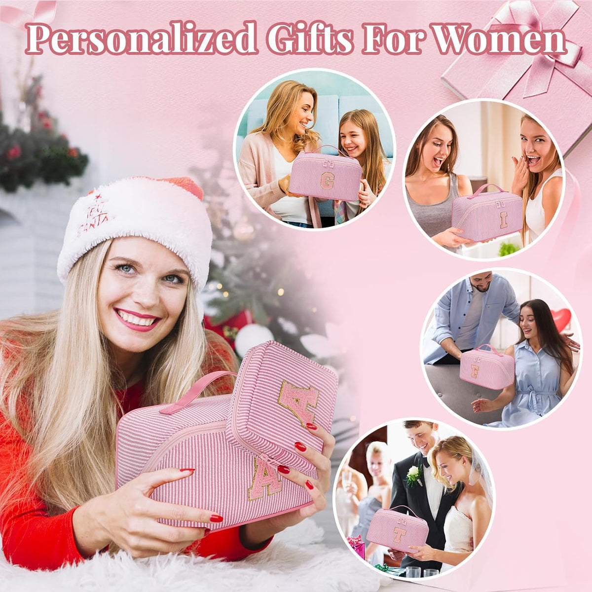 Travel Makeup Bag for Women, 2Pcs Portable Personalized Initial Makeup Organizer Bag, Open Flat Large Cosmetic Bag With Travel Essential Pouch (Pink Letter W)