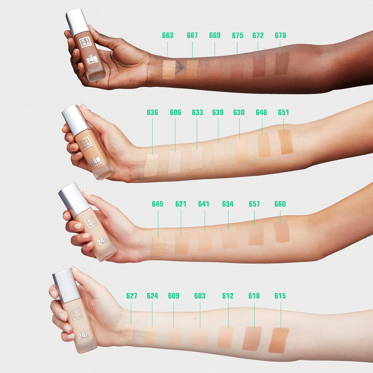 3INA The 24H Foundation 651-24H Long-Wearing Formula - Medium To High Buildable Coverage - Smooth Matte Finish - Expanded Shade Selection - Waterproof, Cruelty Free, Vegan Makeup - 1.01 Oz