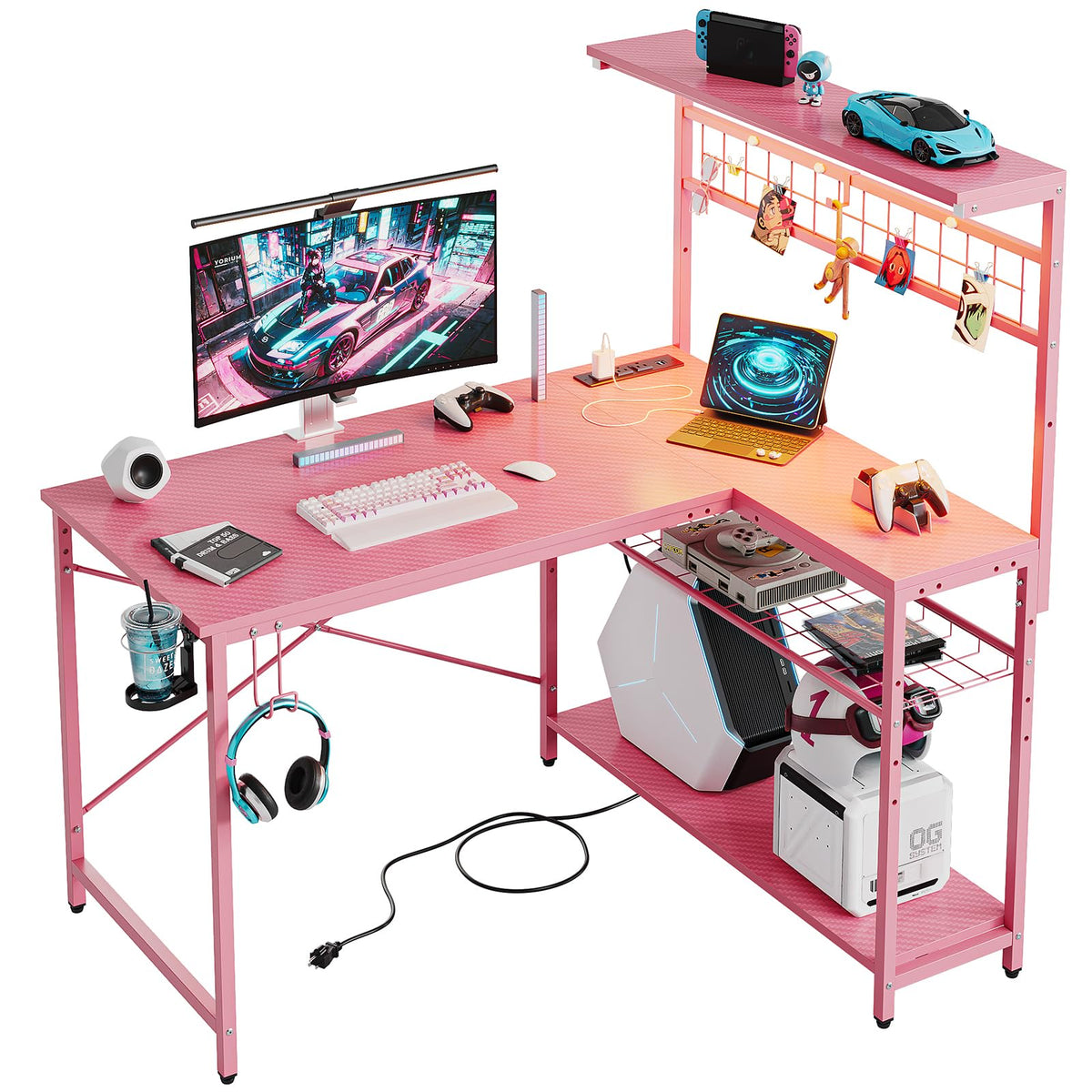 Bestier 42 L Gaming Desk,Computer Desk with Power Outlets, LED Lights, Reversible Corner Desk with 4-Tier Shelves,Cup Holder & Hook Carbon Fiber Pink