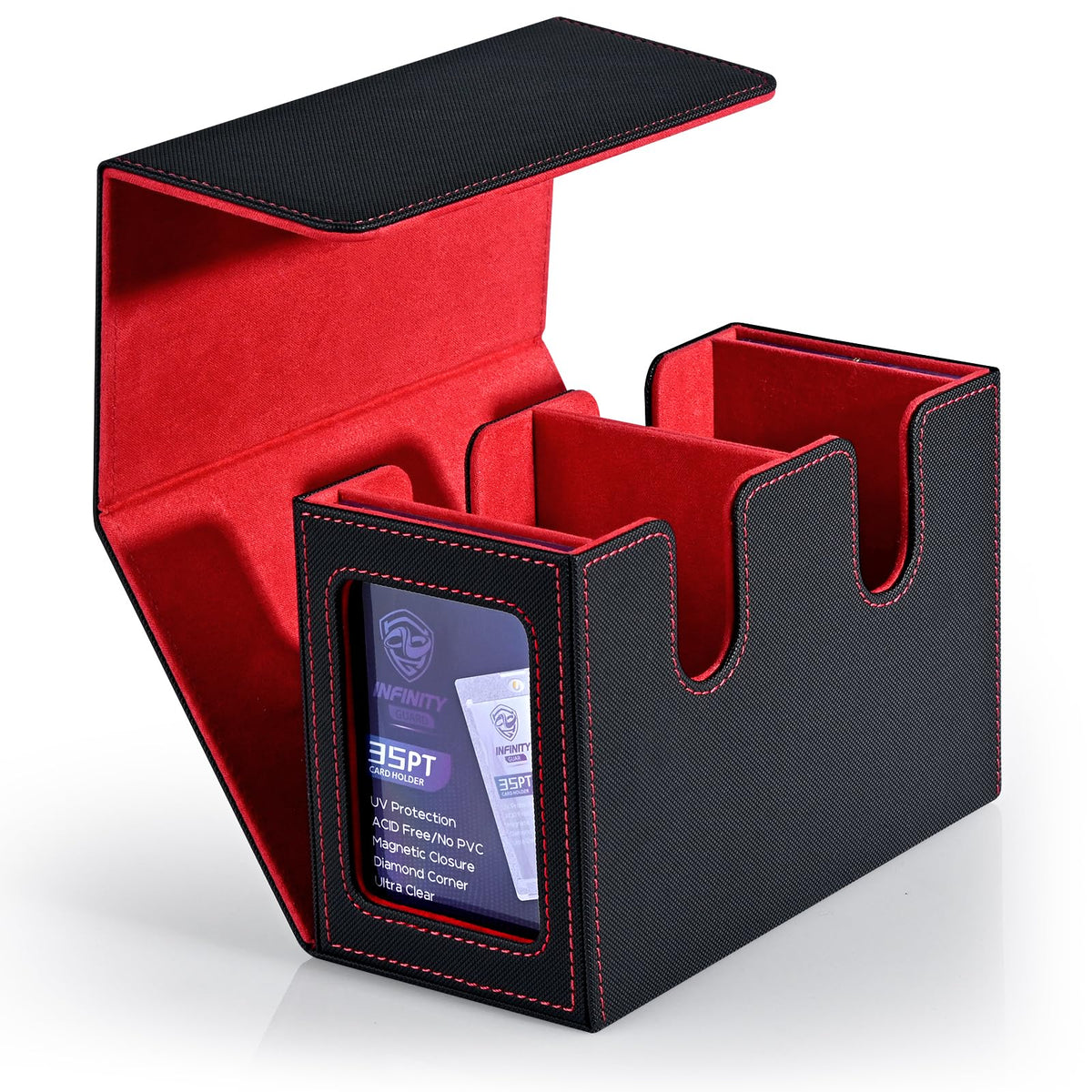 Infinity Guard MTG Deck Box with 2 Commander Display, Double Deck Box for 280+ Single Sleeved Cards, Leather Magnetic Card Storage Box Fits for TCG CCG Magic Cards (Black&Red)