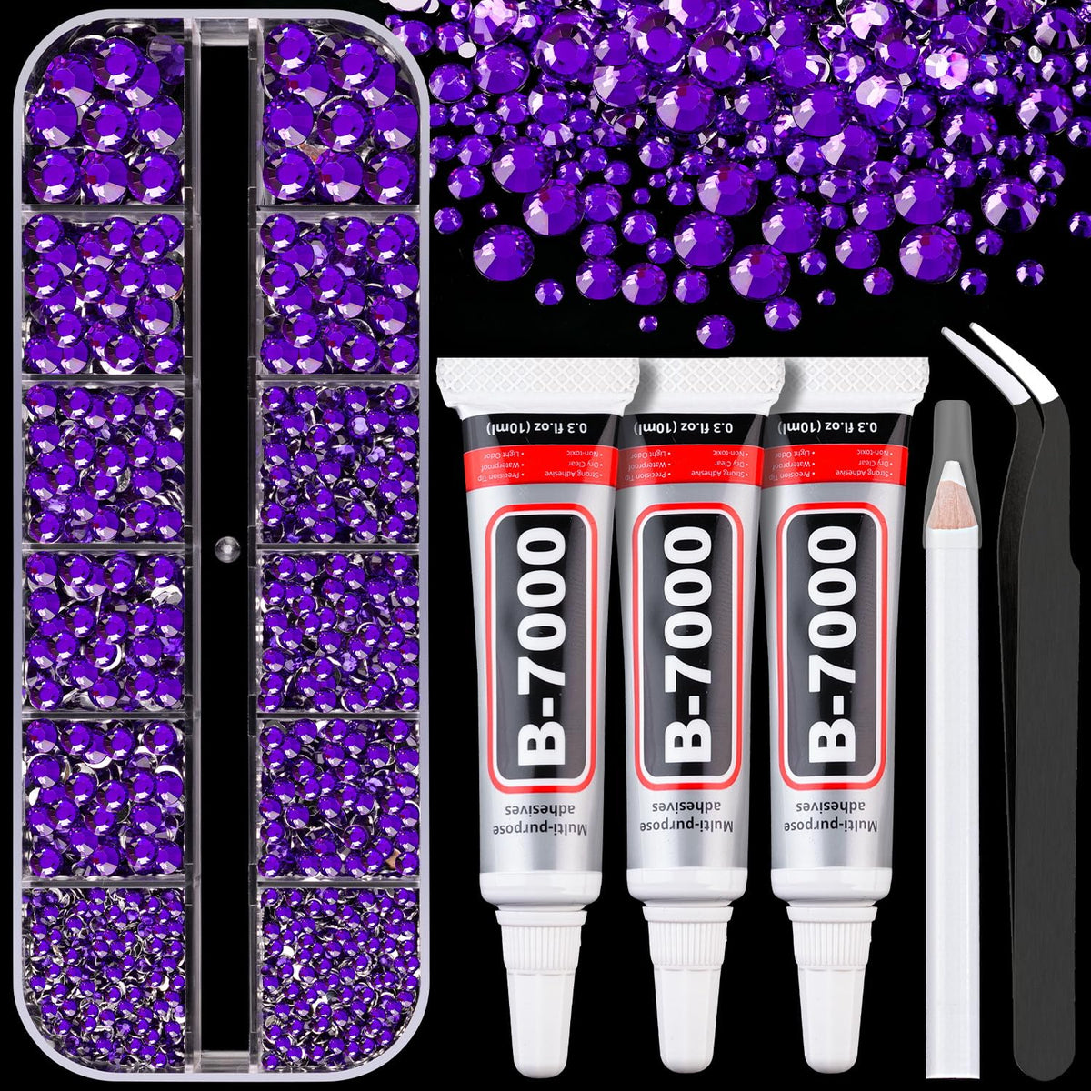 Resin Rhinestones for Crafting with B7000 Jewelry Glue, 1 Box Dark Violet Flatback Crystals with 3Pcs 10ml Glue for Bedazzling Crafts DIY Nail Art Makeup，Non Hotfix Gems for Clothing Shoes