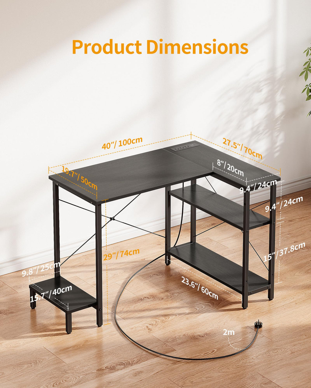 CubiCubi Small Computer Desk with Power Outlets, 40 Inch L Shaped Desk with CPU Stand & Reversible Shelves, Gaming Corner Desk Study Writing Table for Home Office Bedroom, Black