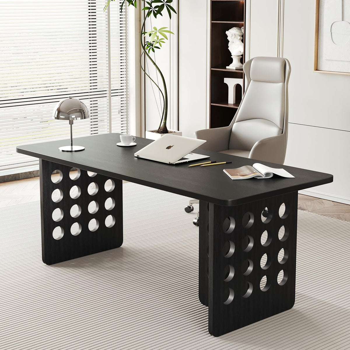 MesaSync 60 Inch Executive Desk, Large Computer Office Desk with Black Desktop，Modern Minimalist Workstations Writing Table Study Desk for Business and Home Office