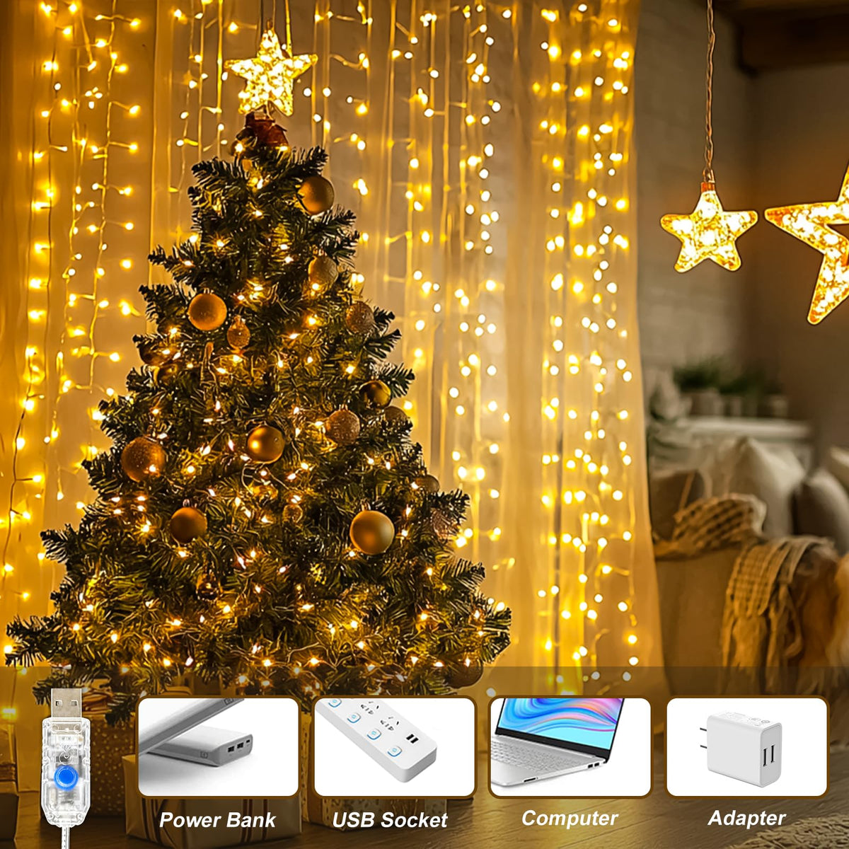 SINAMER Curtain Light for Bedroom, 200LED 6.6x6.6ft Warm White Window Wall Hanging Fairy Curtain String Light, 8 Modes Remote Fairy String Lights Indoor for Wedding Party Home Garden Decorations