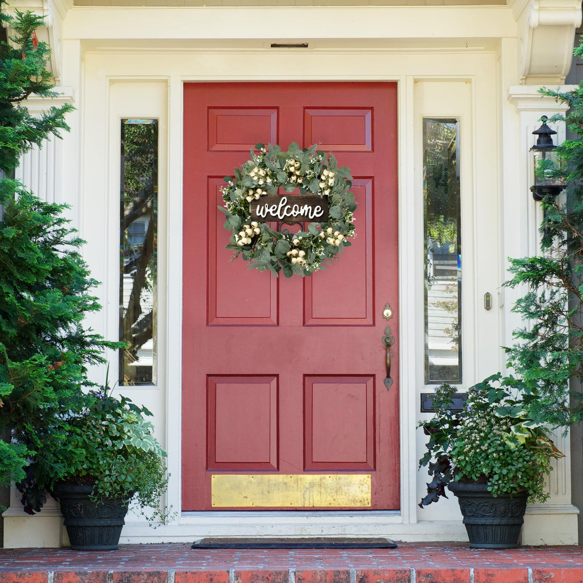 Sggvecsy Green Artificial Eucalyptus Wreath with Welcome Sign 20in Spring Summer Wreath with White Berries for Front Door Wall Window Festival Porch Farmhouse Patio Garden Decor