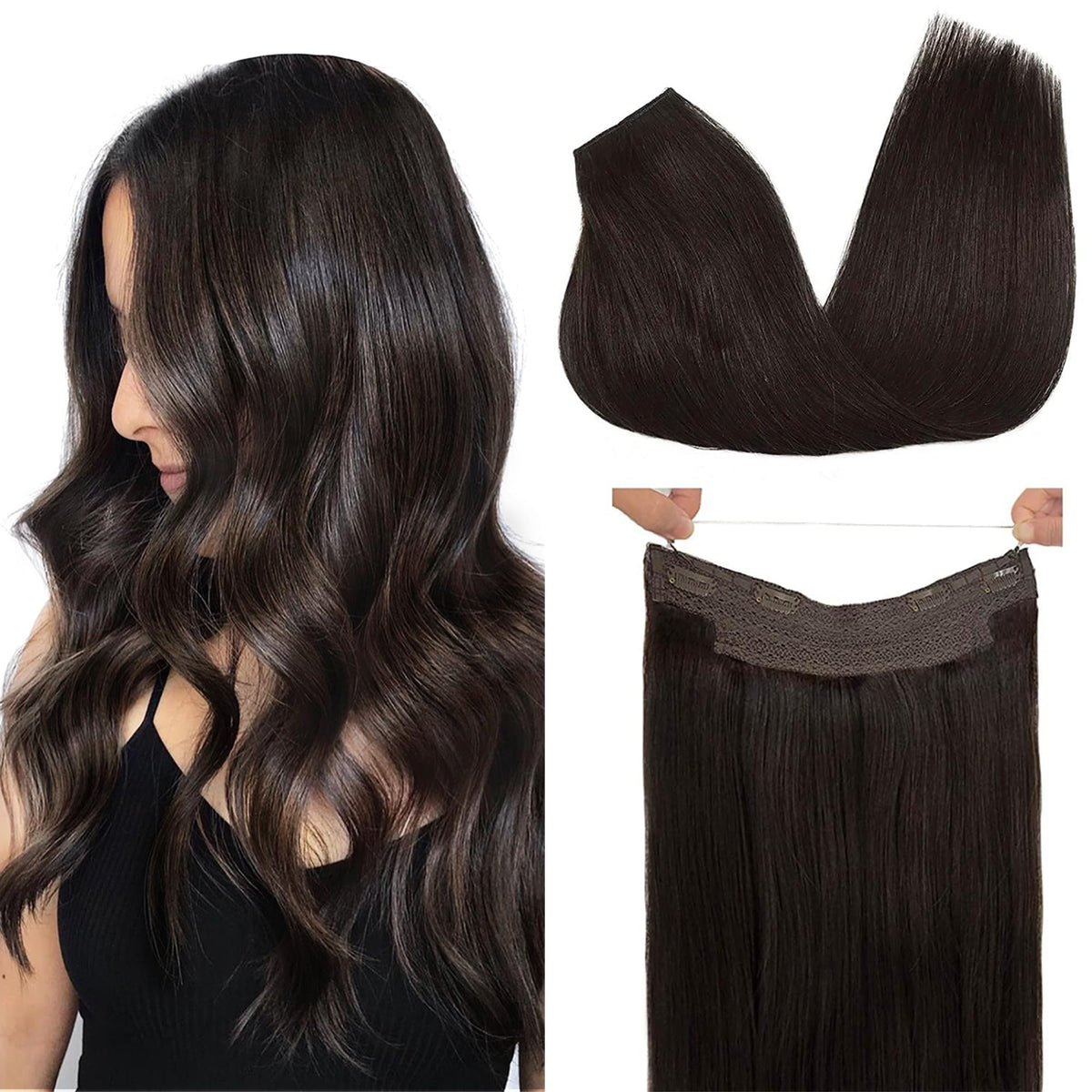 GOO GOO Wire Hair Extensions Human Hair, 2 Dark Brown Natural 12inch 70g, Invisible Wire Hair Extensions with Transparent, Seamless Fish Line Hairpiece