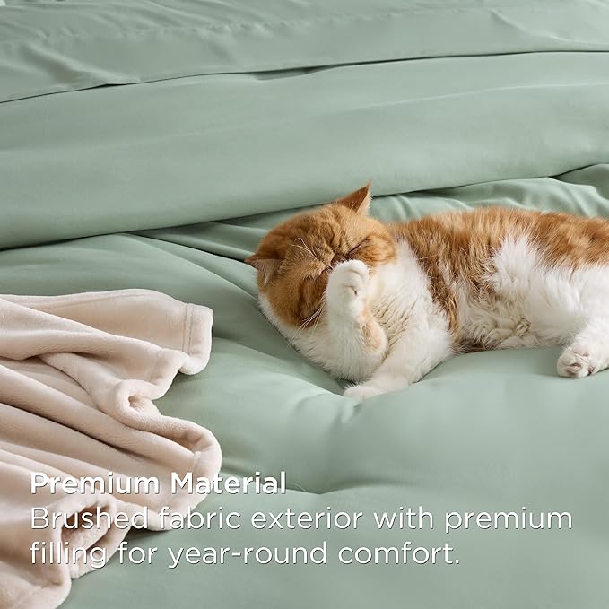 Bedsure Queen Comforter Set Sage Green, 8 Pieces Prewashed Queen Size Bed in a Bag with Soft Fleece Bed Blanket, Down Alternative Bedding Set for All Seasons, Sheets, Pillowcases & Shams