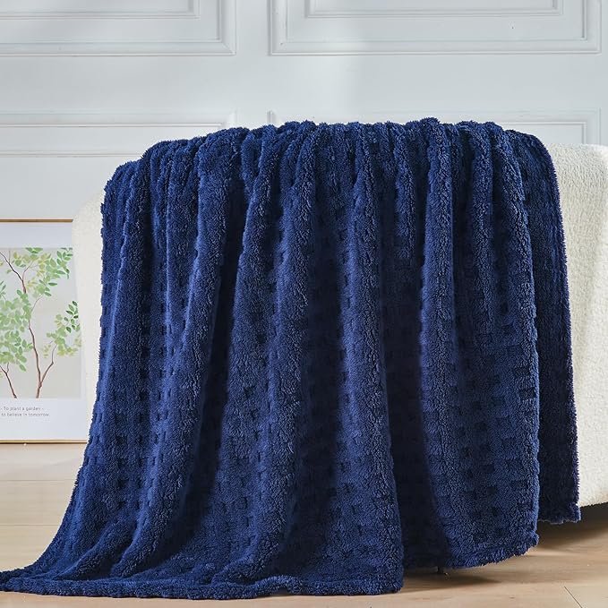 NEWCOSPLAY Super Soft Twin Blanket Navy Premium Silky Flannel Fleece 3D Waffle Checkered Lightweight Bed Blanket All Season Use (Dark Navy, Twin(60"x80"))