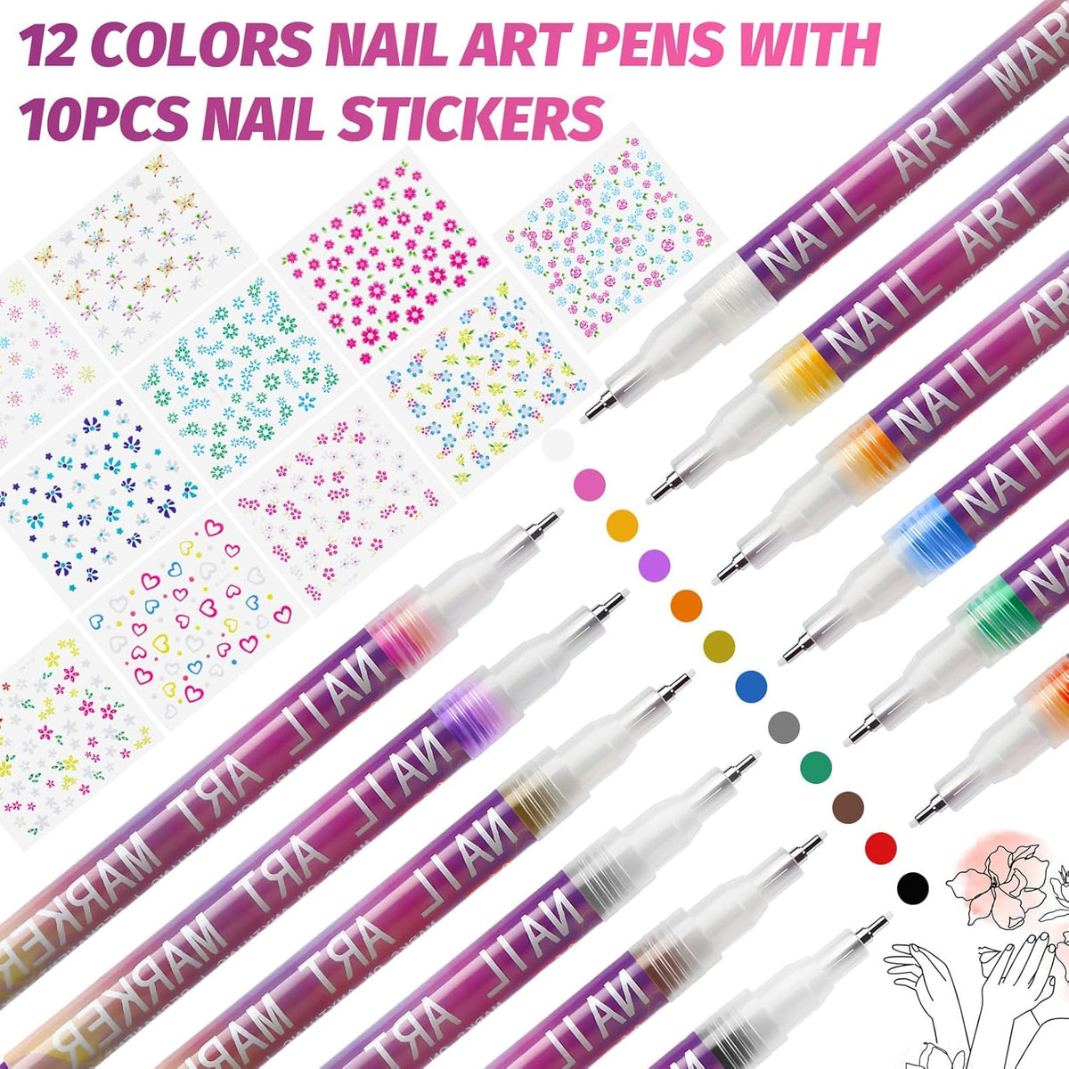 miikoul 12 Colors Nail Art Pens Set 0.7mm Art Graffiti Pen with 10PCS Nail Art Stickers 3D Nail Polish Paint Pens Quick Drying Waterproof Drawing Marker Pen for Nail Art Drawing and Salon DIY