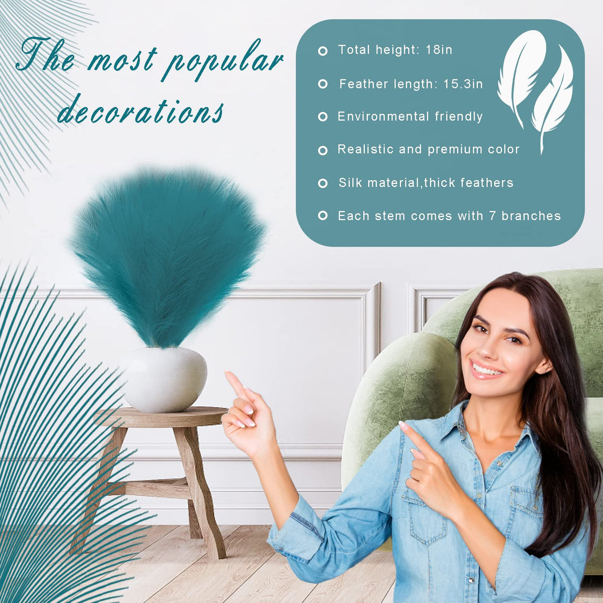 ULENDIS 8Pcs Faux Pampas Grass Boho Decor - 18" Fluffy Artificial Pampas Grass Branches for Vase Fillings, Flower Arrangements, Home Wedding Decor (Blue)