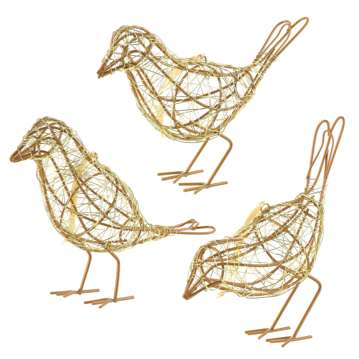 ZZZ TYLOO Artisan Handmade Gold-Wire Woven Bird Statues Trio Table Decor- Modern Farmhouse Shelf Decor with Hanging Chain, Multi-Pose Metal Bird Figurines for Home Office & Holiday Display