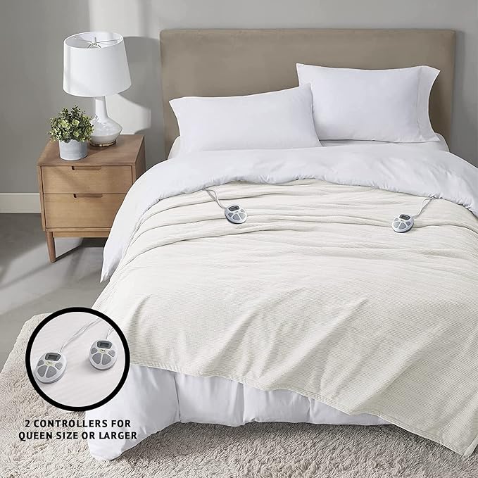 Serta Travis Fleece Ultra Soft Tri-Rib Textured Electric Blanket, Cozy and Snuggly Cover Fast Heating for Cold Weather, Auto Shut Off, Multi Heat Setting Controller, King, Cream