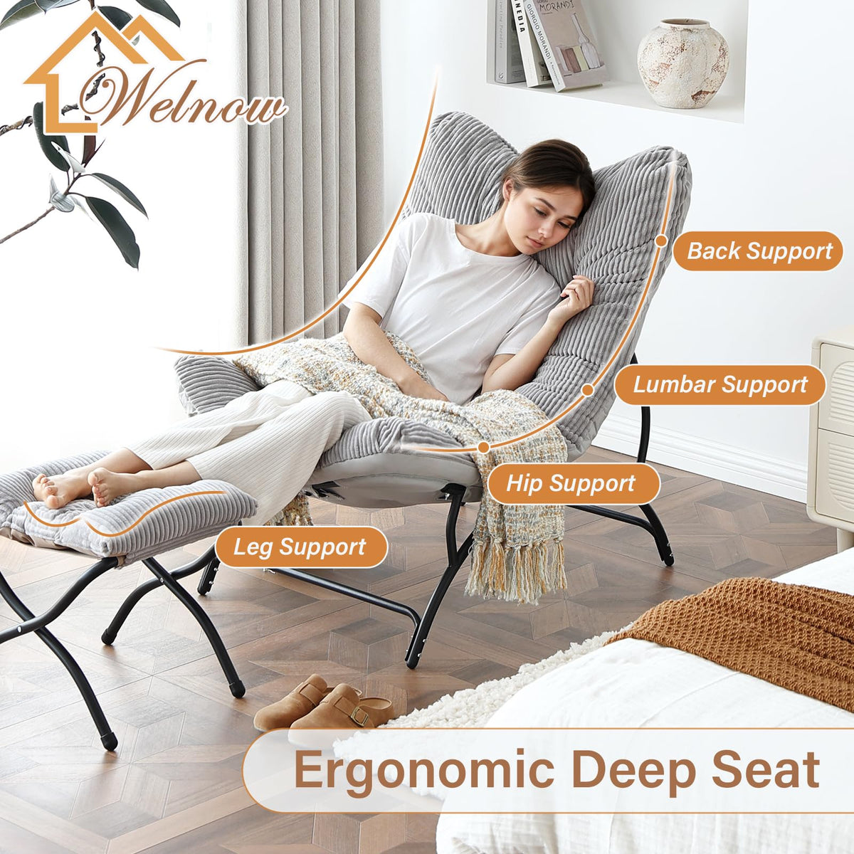 Welnow Accent Lounge Lazy Chair, Comfy Soft Leisure Metal Frame Reading Chair, Upholstered Thick Cushion Seated Recliner Sofa for Living Room, Bedroom, Dorm, Black