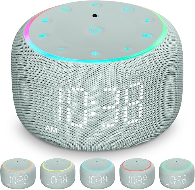 White Noise Machine Alarm Clock for Bedrooms - 5W Stereo Bluetooth Speaker - 24 Soothing Sounds - 9 Night Lights - Auto-Dimmable Digital Alarm Clock Sound Machine for Sleeping