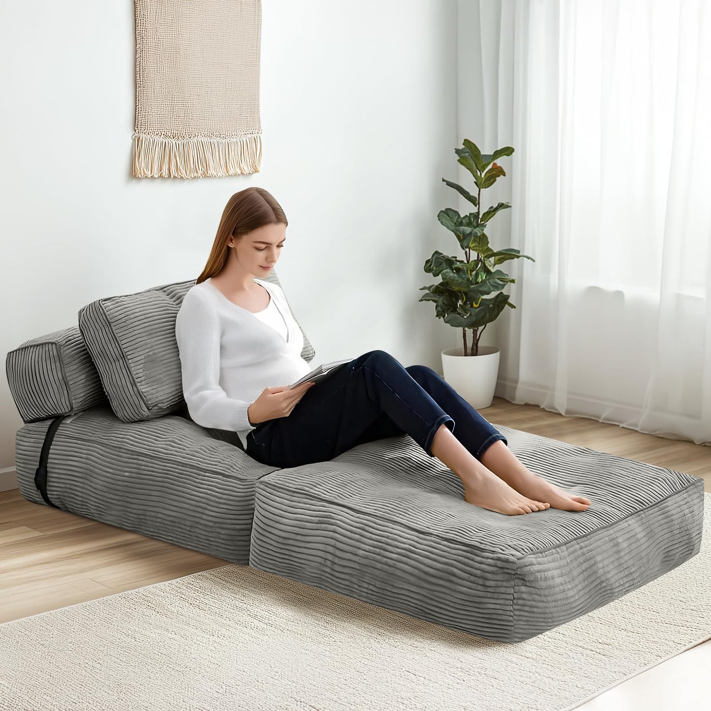 tantohom Folding Sofa Bed, Convertible Sleeper Chair with Pillow Foldable Mattress with Back Support,Space-Saving Sofa for Living Room,Bedroom (Gray)