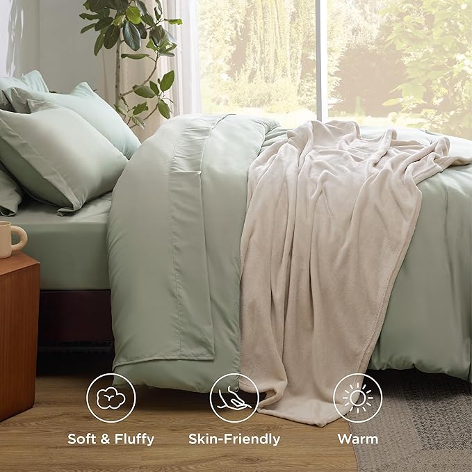 Bedsure Queen Comforter Set Sage Green, 8 Pieces Prewashed Queen Size Bed in a Bag with Soft Fleece Bed Blanket, Down Alternative Bedding Set for All Seasons, Sheets, Pillowcases & Shams