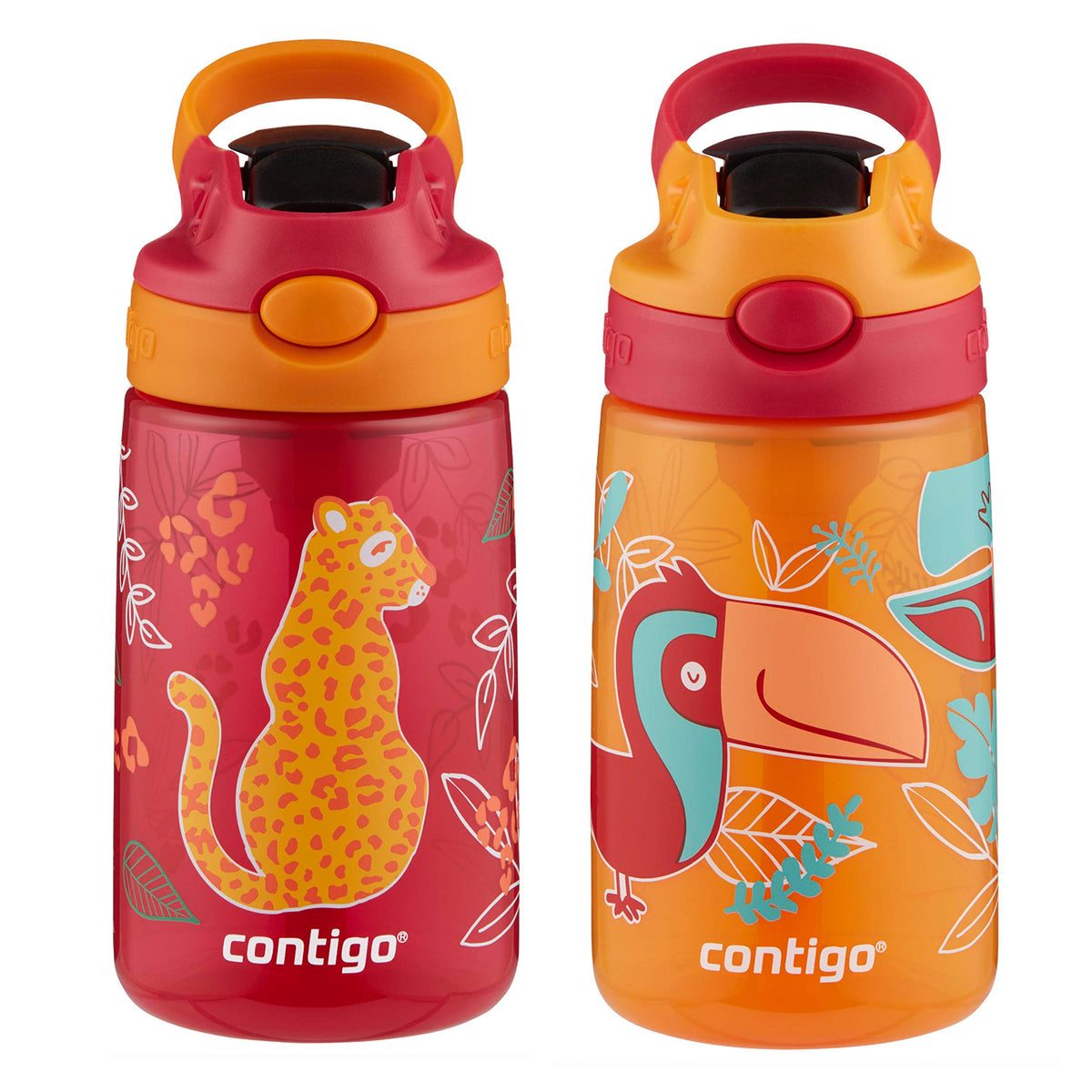 Contigo Aubrey Kids Water Bottle with Silicone Straw and Spill-Proof Lid, 14 oz, 2 Pack, Cheetahs & Toucans