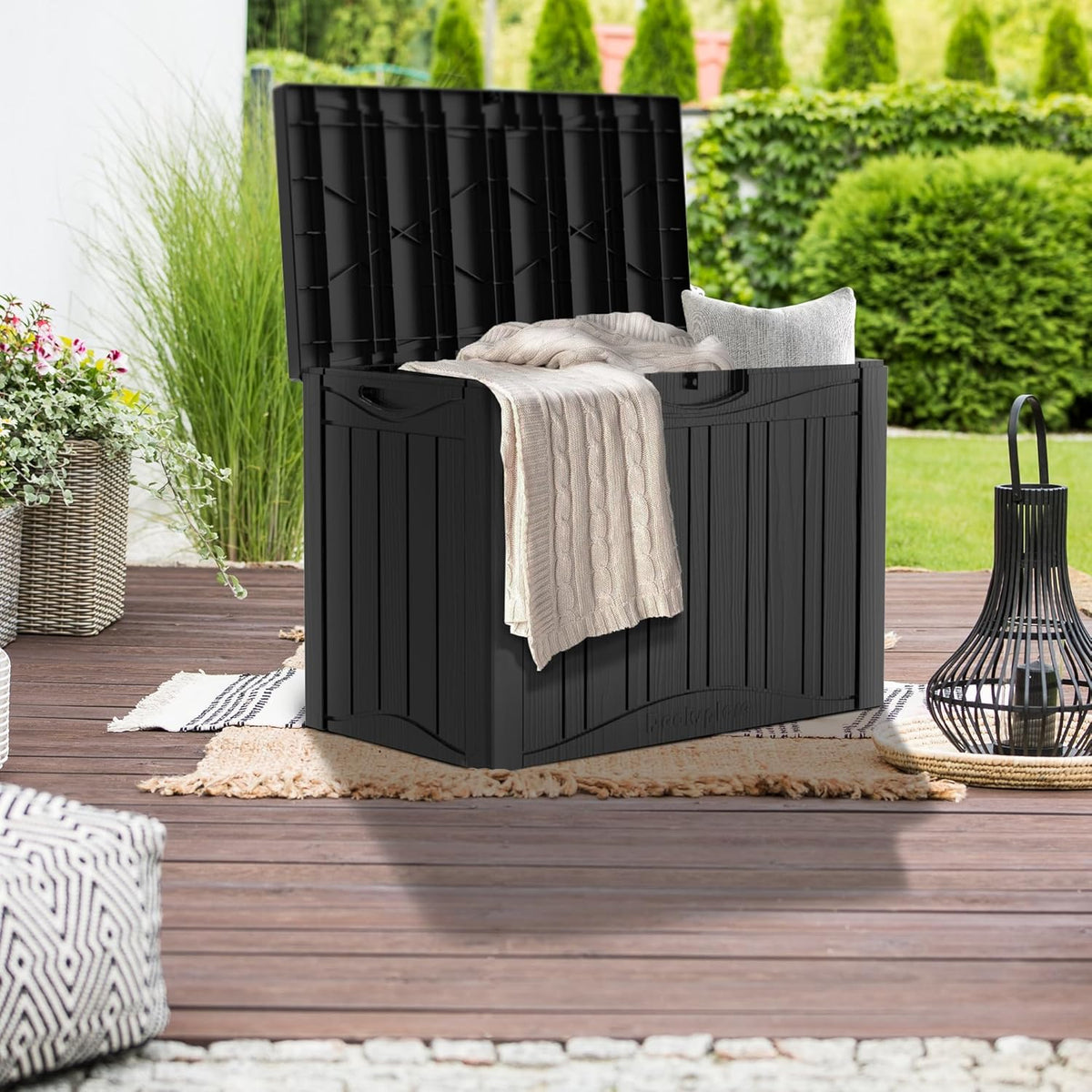45 Gallon Waterproof Deck Storage Box - All-Weather Outside Storage Box with Lock, Outdoor Box Storage for Patio/Pool Accessories, UV-Resistant Resin, Matte Black