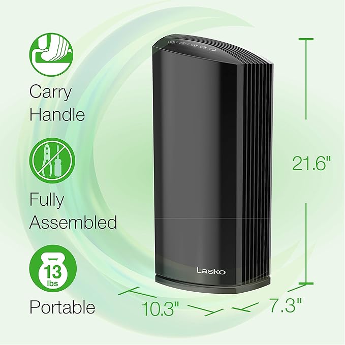 Lasko LP450 Premium HEPA Tower Air Purifier for Home with DreamMode and Timer – True HEPA Filtration Removes 99.97% of Smoke, VOCs, Odors, Pet Dander, Virus Sized Particles, Pollen, Dust and Mold