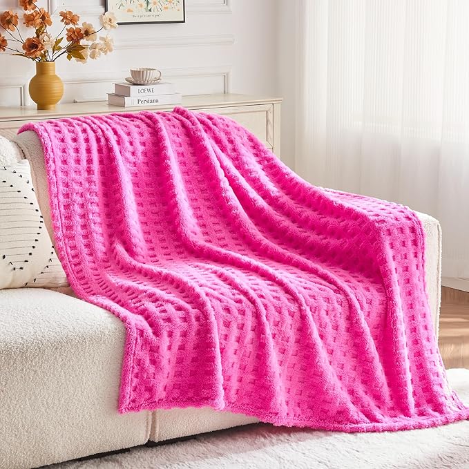 NEWCOSPLAY Super Soft King Blanket Pink Premium Silky Flannel Fleece 3D Waffle Checkered Lightweight Bed Blanket All Season Use (Hot Pink, King(90"x110"))