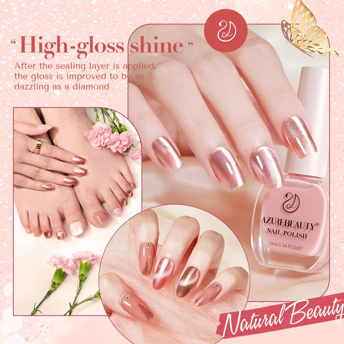 AZUREBEAUTY Cat Eye Nail Polish Set, 4 Colors Magnetic Nude Jelly Glitter Quick Air Dry Non Gel Natural Fingernail Lacquer Strengthening Treatment Kit with Top Coat DIY Salon at Home